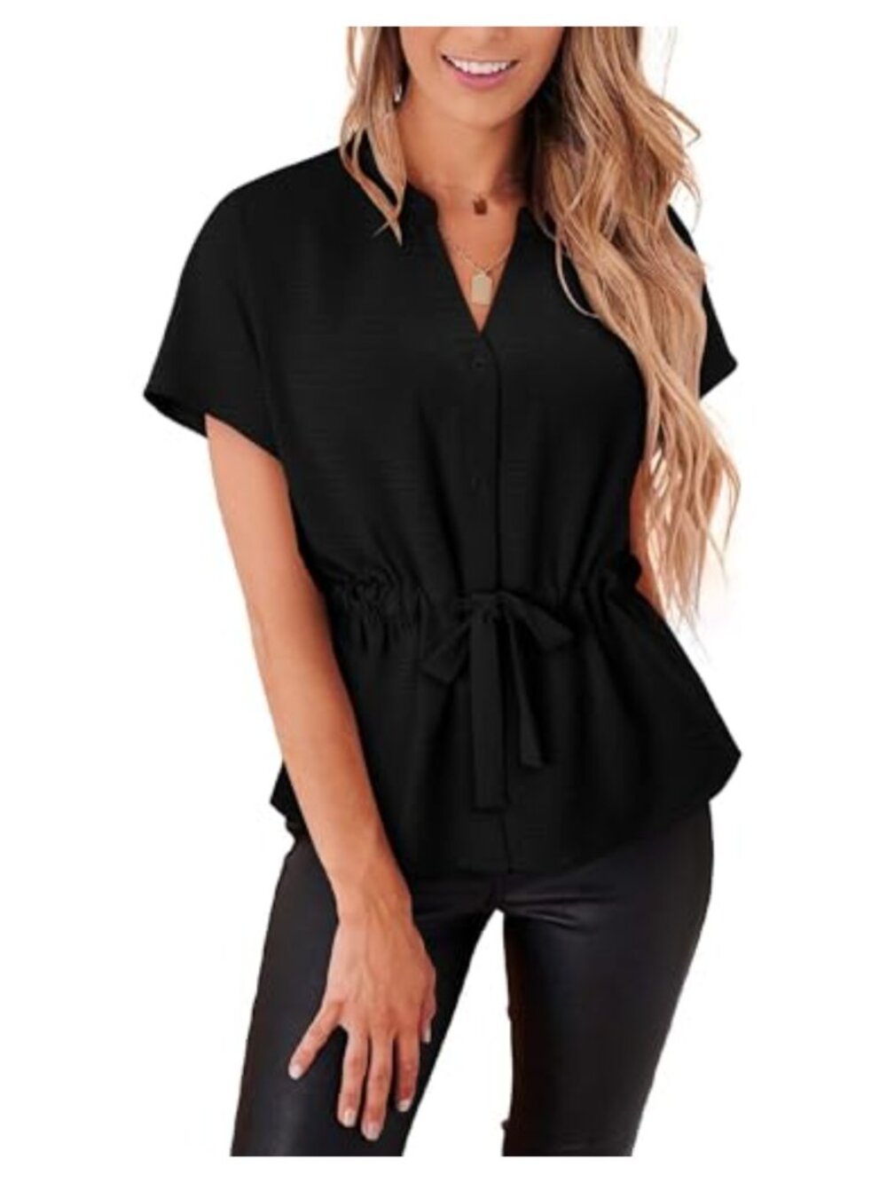 Womens Chiffon Button Down Peplum Blouse Short Sleeve Work Top